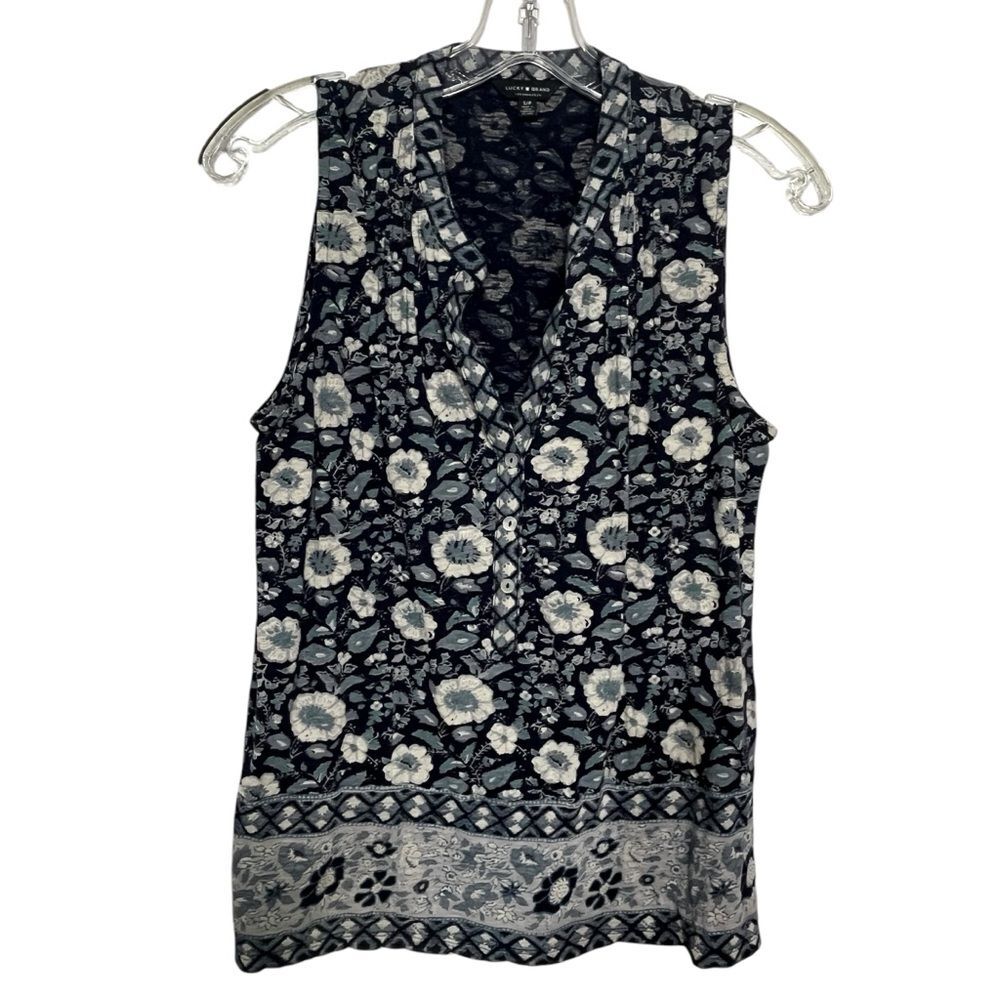 Lucky Brand Blue White Floral Henley Style Tank Top